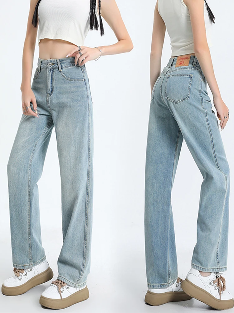 

Woman‘s Fashion baggy Jeans Light Blue Slim Jeans Vintage Simple Fashion Female Wide Leg Pants Casual Office Ladies Buttons Zipp