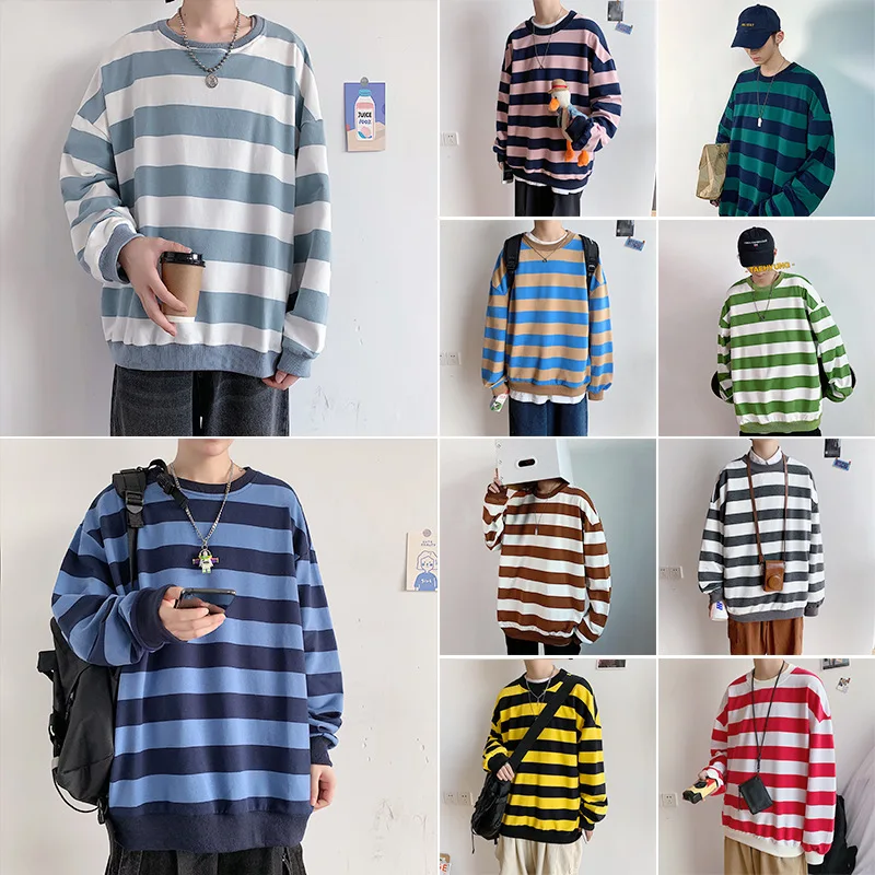 

2023 Spring Autumn Men's Hoodies O Neck Striped Loose Patchwork Contrast Color Long Sleeve Causal Tops Streetwear for Male