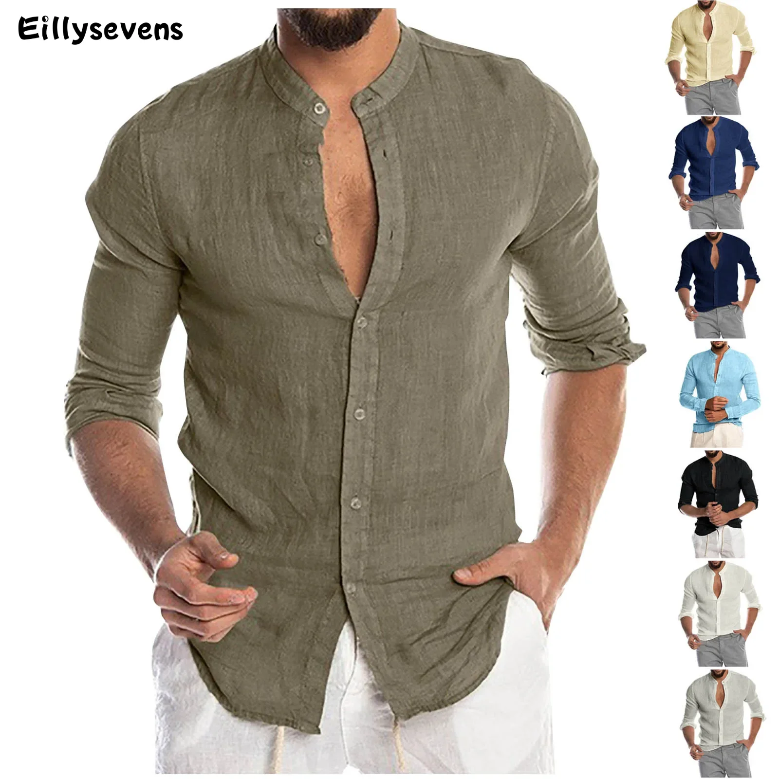Летние мужские рубашки повседневная блузка с воротником-стойкой
