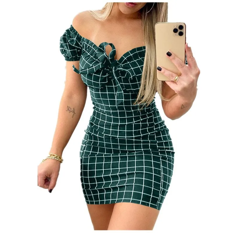 

Fashion Summer Dress 2022 New One-Word Neck Printing Leaking Shoulder Sexy Outfits For Woman Bag Hip Short Dress Women's