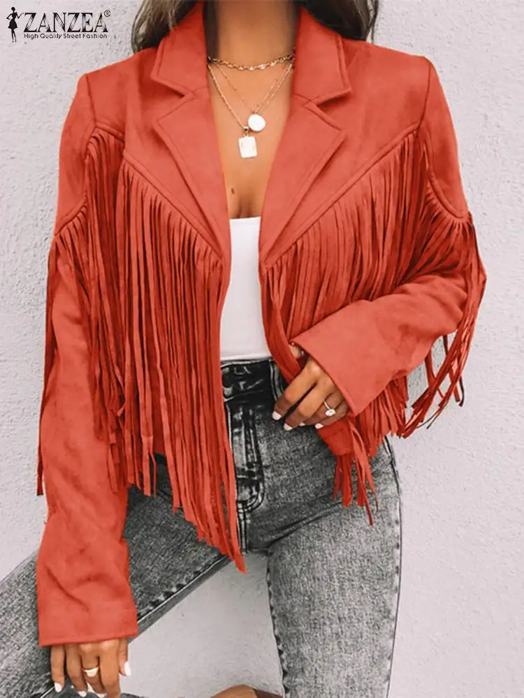 

ZANZEA 2023 Fashion Cropped Coat Women Vintage Tassel Cropped Jacket Long Sleeve Fringe Coat Hippie Motorcycle Biker Jacket Tops