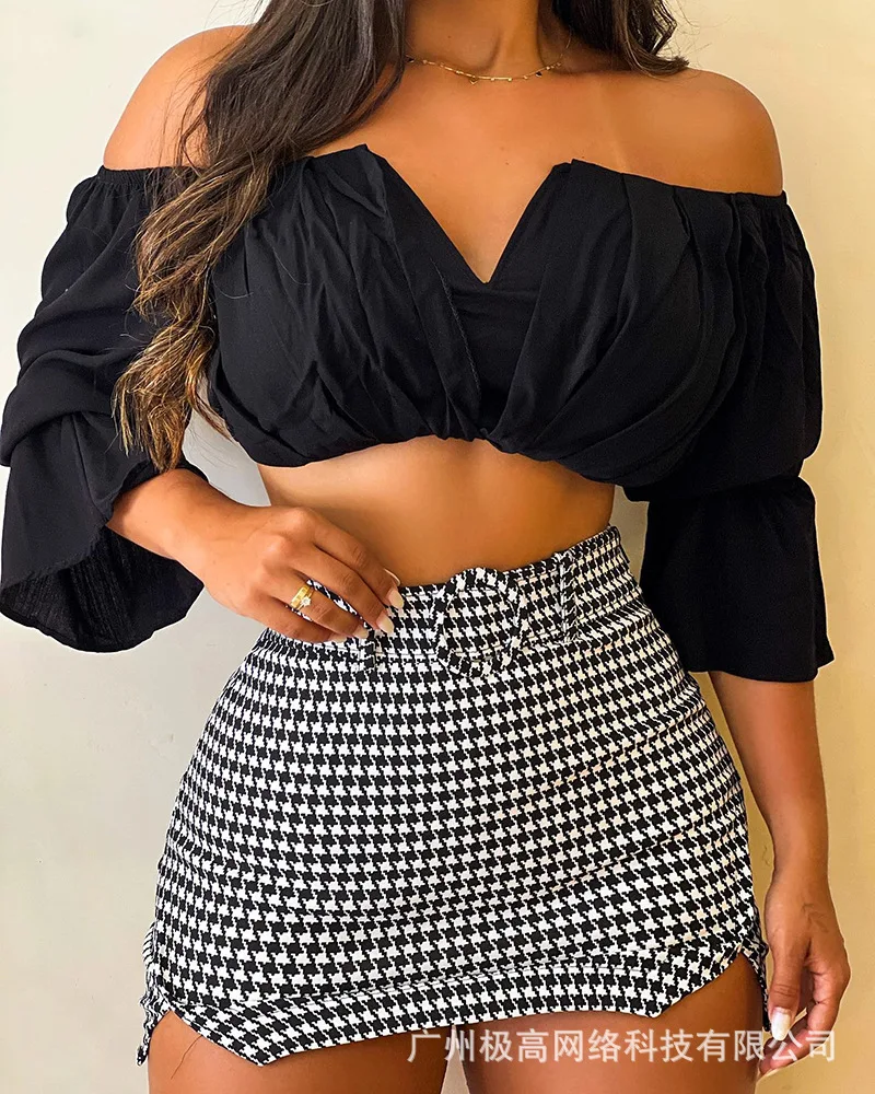 

Women 2pcs Clothes Suit Summer Fashion Ruched Bell Sleeve Crop Top & Houndstooth Print Skirt Set Sexy V Neck Strapless Sashes