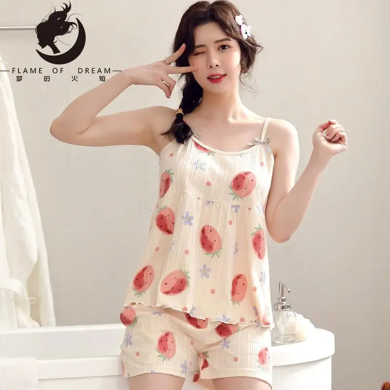 

Flame Of Dream Pajamas Women's Summer Thin Suspender Pajamas Sweet And Cute Casual Home Clothes Large Size Suit 22898