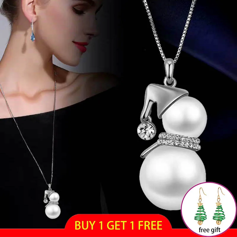 

LEEKER Charm Solid Pearl Snowman Pendant Necklace Long Chain Women Statement Christmas Jewelry Gifts MY386 ZD1 XS4