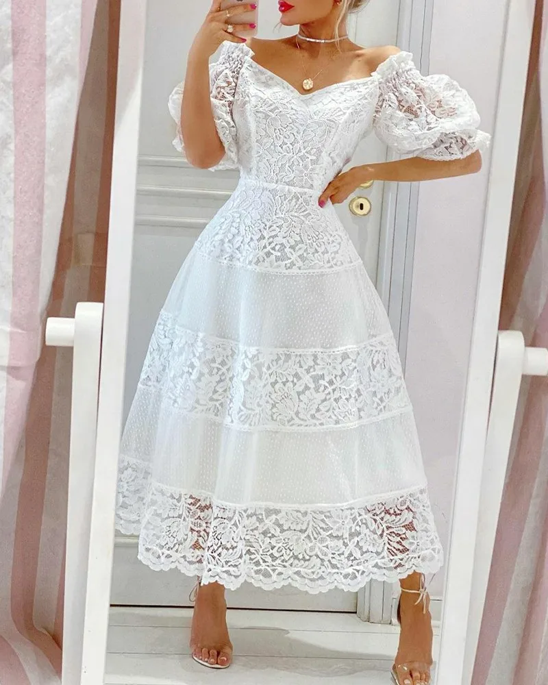 White Dress for Women Elegant Classic Lace Patchwork 2022 Summer Short Sleeve A Line Evening Party Dress Office Lady Midi Dress