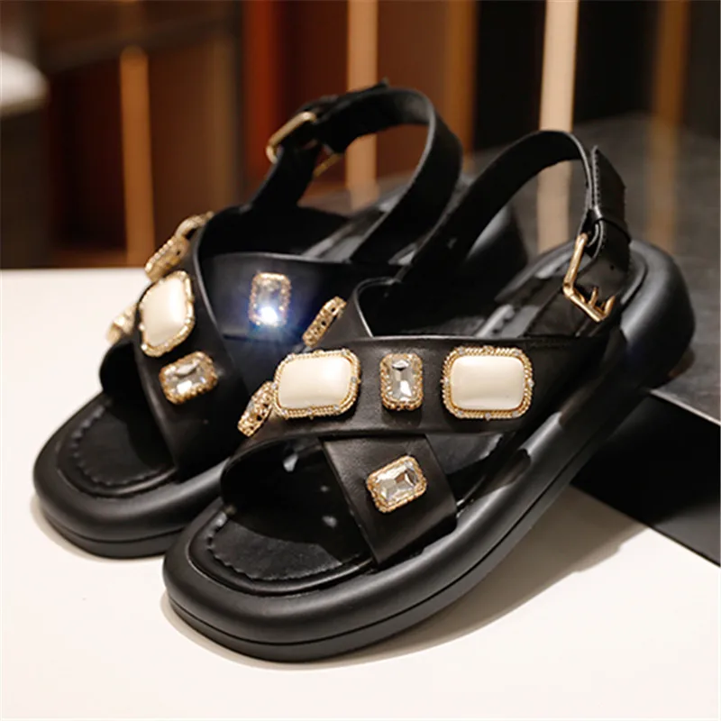 

Rhinestone Sandals Summer Thick-soled Leather Ladies Designer Sandals Indoor And Outdoor Casual Flat White Cute Old Roman Shoes