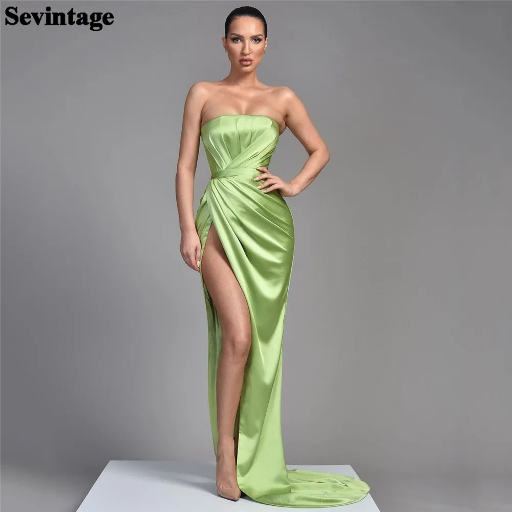 

Sevintage Aplple Green Satin Evening Dresses Mermaid Strpaless Prom Gowns 2023 High Side Split Long Formal Special Party Dress