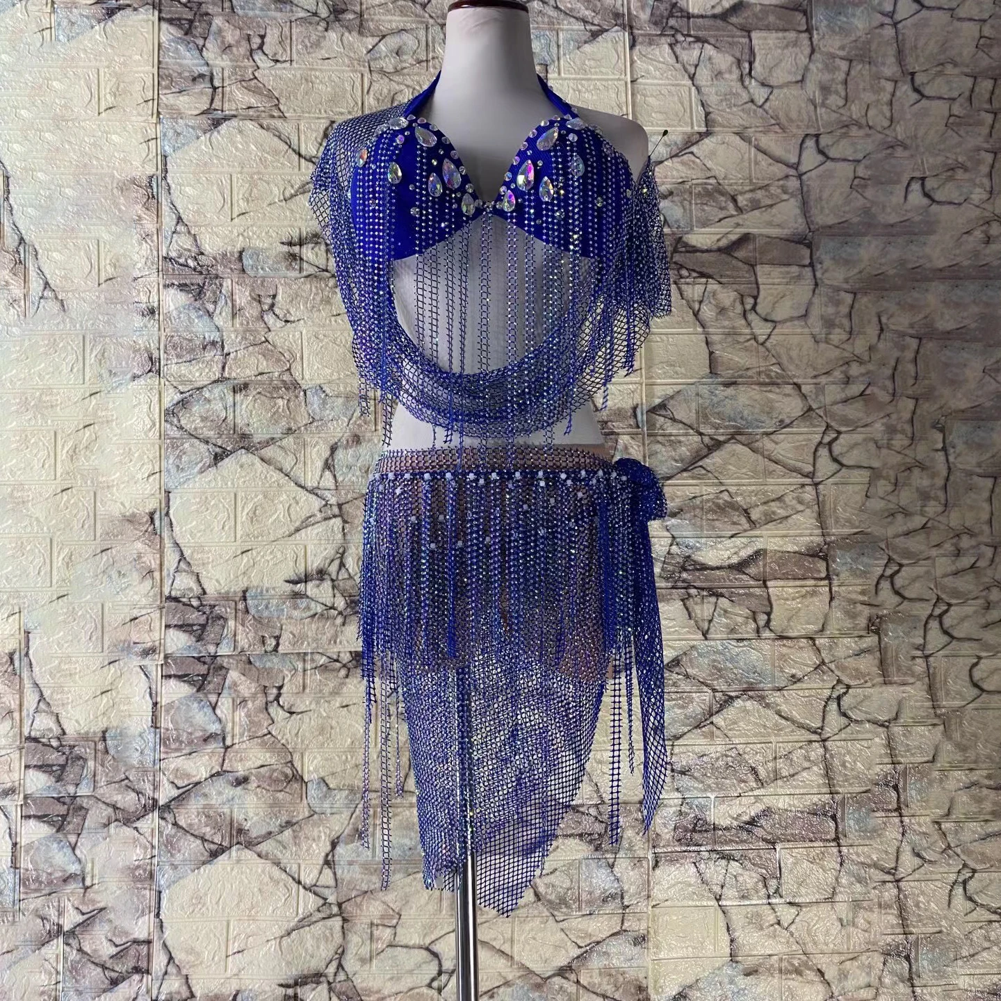 

Женский костюм для танца живота, голубой костюм для танца живота со стразами и цепочками