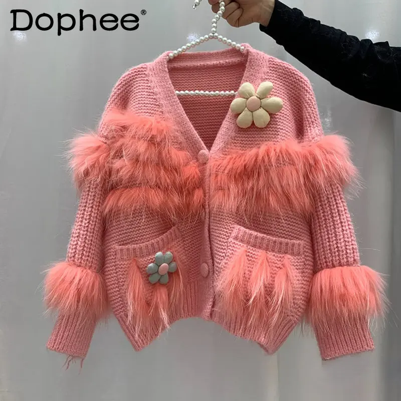 

European Luxury Style Real Fur Cardigan for Women New Fall Winter Fashion Natural Fox Fur Coat Loose Sweater Knitted Top Street