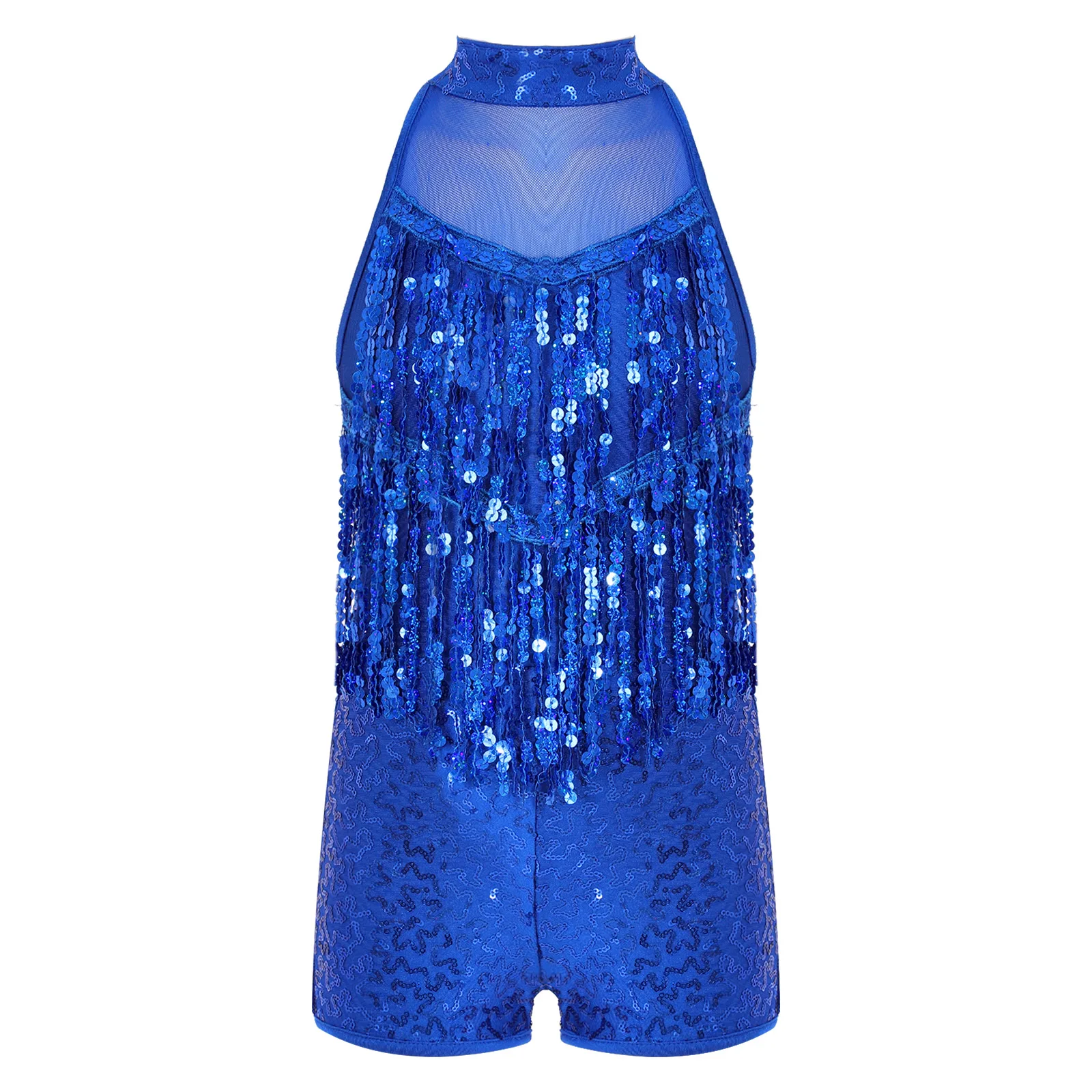 

Kids Girls Stylish Shiny Sequins Tassel Dance Decorated Bodysuit Sleeveless Round Collar Crisscross Straps Hollow Back Leotards