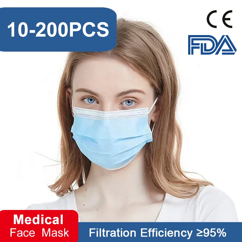 

50pcs Face Mask Disposable 3 Layer Non Woven Breathable Lightweight Dust-proof Face Mask For Adult Men Women Outdoor Offices