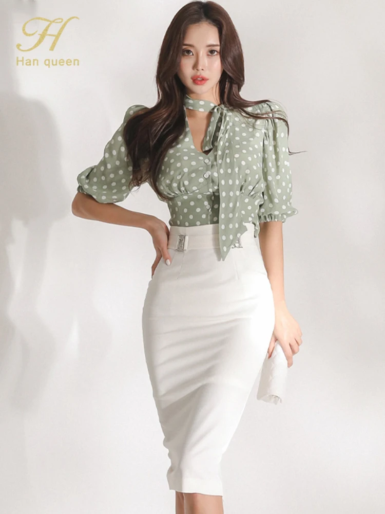H Han Queen Korean Women 2022 Summer Sexy Work Wear 2 Pieces Set Dot Blouses & High Waist Mid-Calf Sheath Pencil Bodycon Skirt