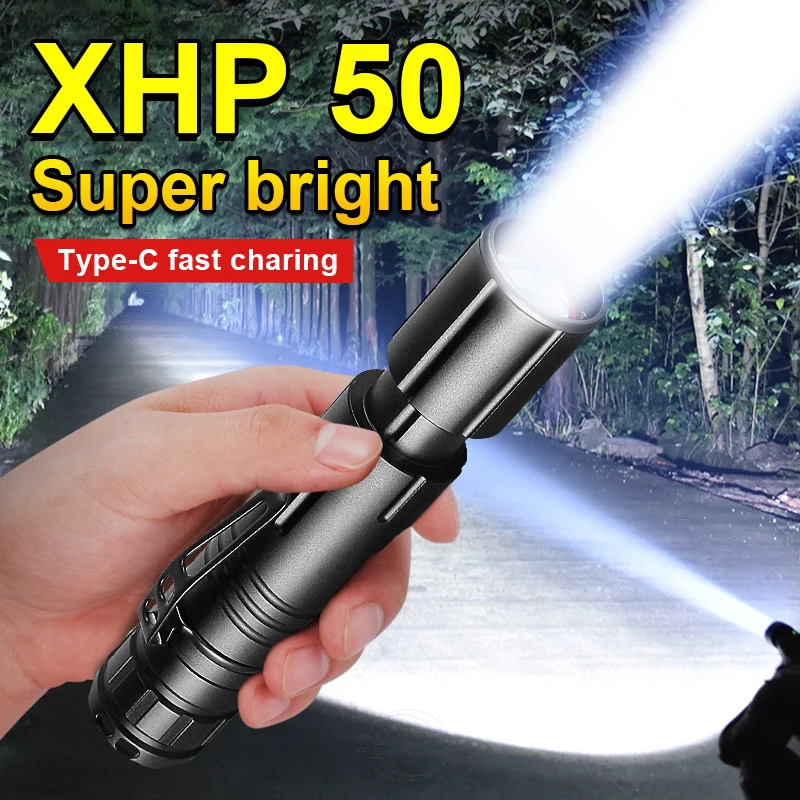 

Powerful XHP50 Flashlight 4 Modes Zoomable USB Rechargeable Aluminum Alloy LED Torch Light Waterproof Flashlight Tactical Power