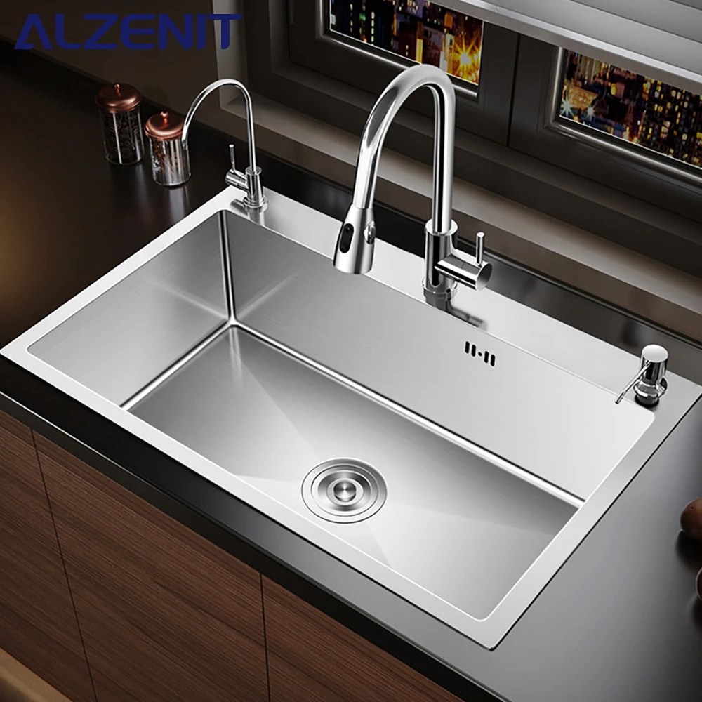 

Stainless Steel Kitchen Sink Farmhouse Above Counter Undermounter Single Bowel Wash Basin With Gourmet Faucet Drain Accessories