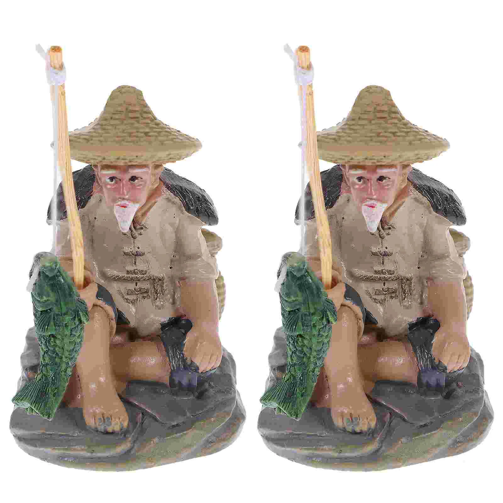 

2Pcs Fisherman Model Toy Fisherman Garden Statue Bonsai Pot Figure Figurine Fishing Garden Statue Sand Garden Miniature