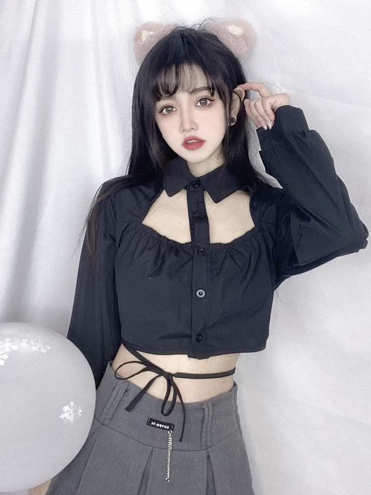 

Diablo Style Harajuku Streetwear Vintage Cross Bandaged Design Hollow Out Shirt Single-Breasted Safari Style Basic Blouses Shirt