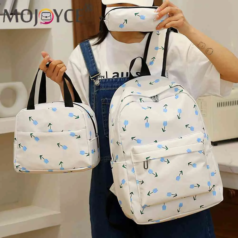 

3pcs/set Student Schoolbag with Lunch Box Pencil Case College Student Rucksack Simple Floral Print Fashion for Teenage Girls