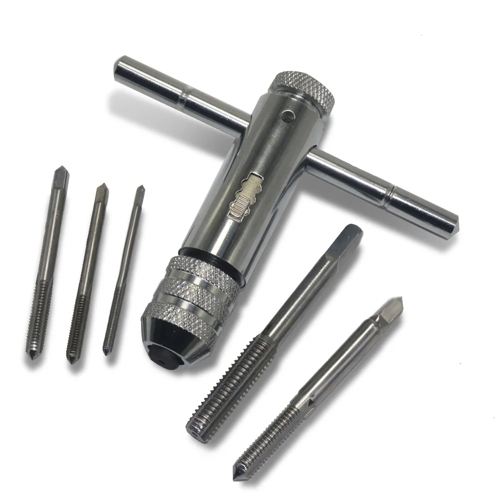 

Регулируемый серебристый Т-образная трещотка держатель крана гаечный ключ с 5 шт. M3-M8 3 мм-8 мм машинная резьба Метрическая вилка Т-образный кран