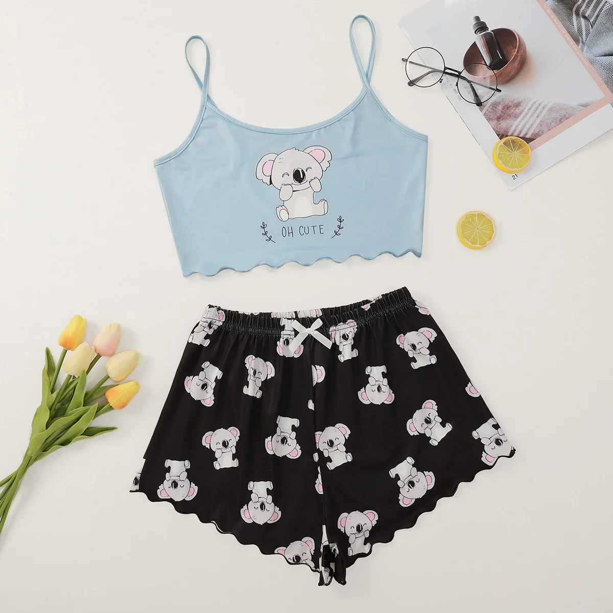 Cartoon Printed Pajamas Women's Suspender Cami Short Underwear Nightdress Set Stylish Sexy Home Women's Underwear Nightdress Set