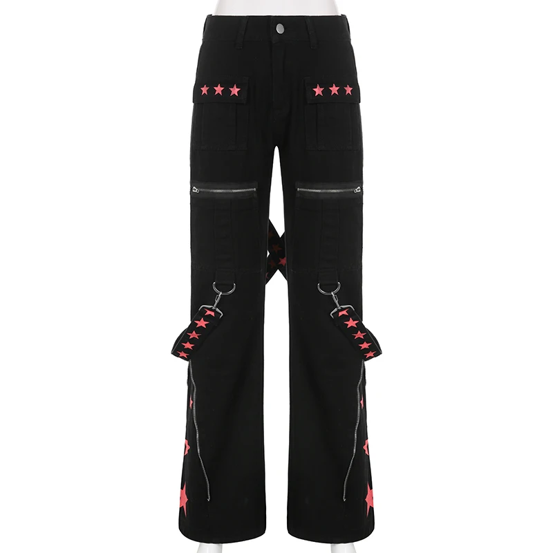 

2022 готические стильные женские академические темные широкие брюки с низкой талией Harajuku винтажные джинсовые брюки в стиле эмо хип-хоп в стил...