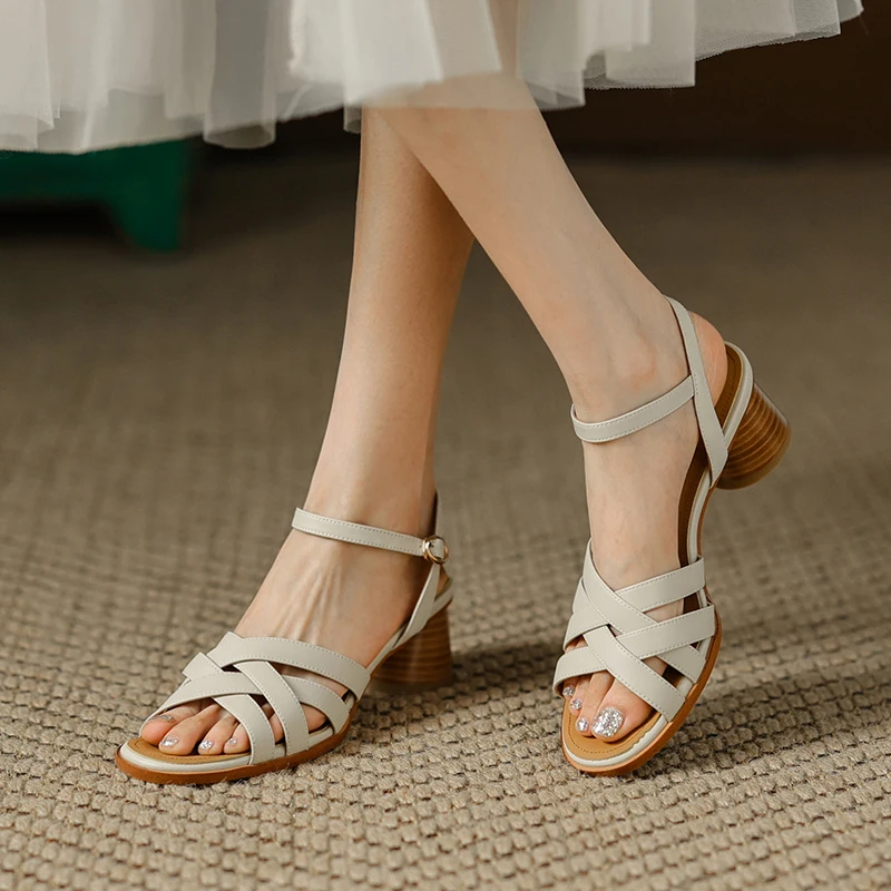 QUTAA 2022 Square Med Heel Elegant Female Sandals Ankle Strap Genuine Leather Peep Toe Summer Women Shoes Big Size 34-39