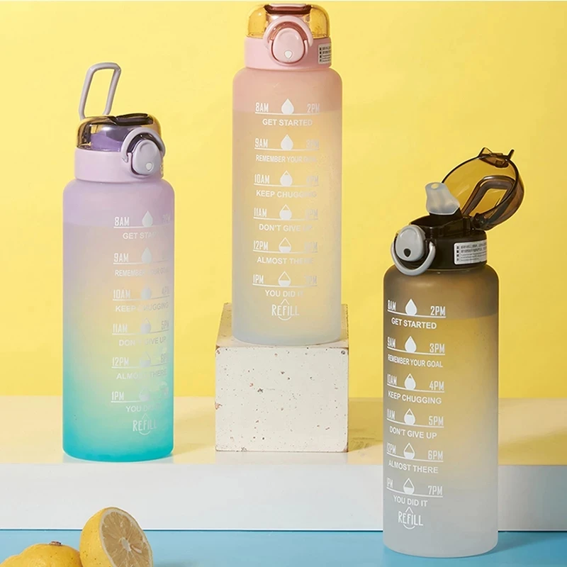 Botella de agua de 1 litro con báscula de tiempo, botellas de agua para deportes al aire libre con pajita esmerilada, tazas deportivas motivacionales a prueba de fugas