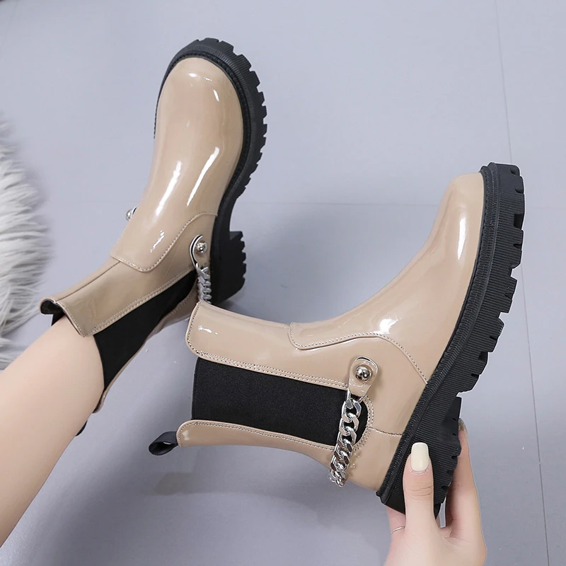 

White Ankle Boots Round Toe Chelsea Flat Heel Boots-Women Low Ladies Med Autumn Rubber Rock 2022 Slip-On Chain Lace-Up Boots