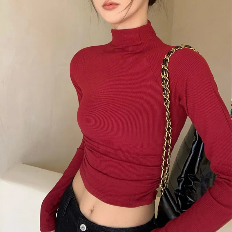 

2022 Turtleneck T Shirt Women Long Sleeve Top Ladies T Shirts Cotton Black Sexy Slim Tshirt Spring Autumn Korean Womens Clothes