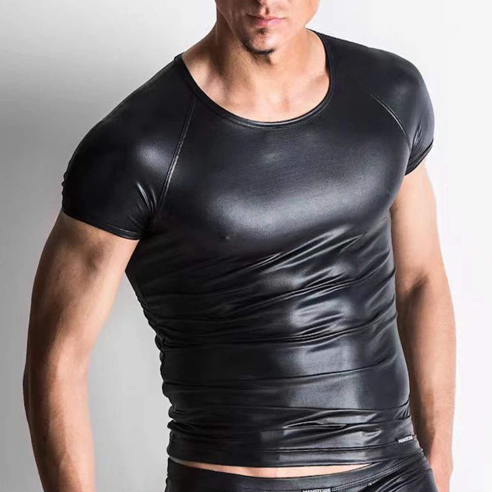 

Men Stretch Faux Leather Short Sleeve Top Man Wet Look Undershirt Latex Clubwear Stage Costume Muscle Tight T-Shirt A50