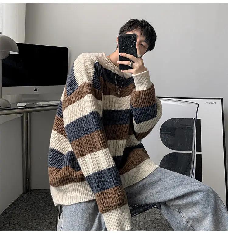 

Mens Male Autumn Sweater Clothing Striped Knitted Thick Trend Men Sweater Sweater Style Pullover Korean Loose Top Winter