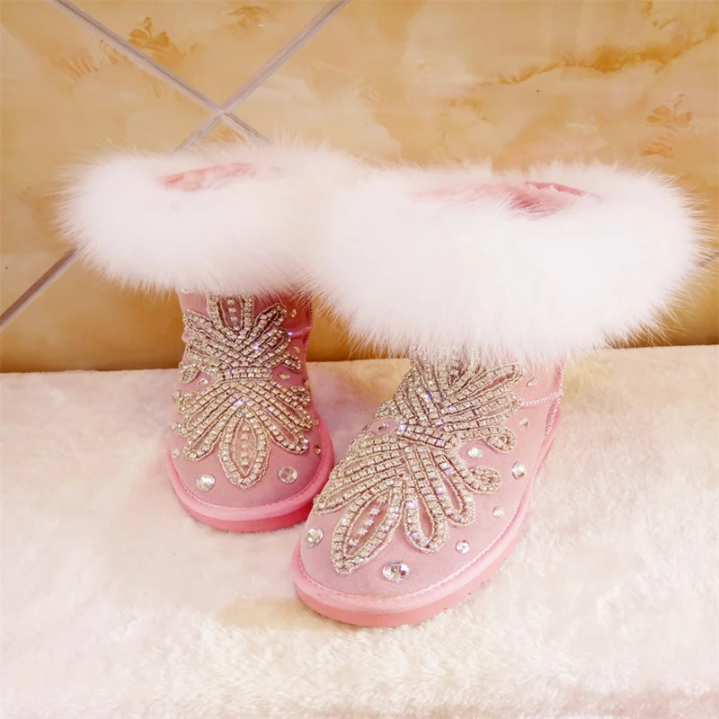 

Pink short tube snow boots fur one rabbit hair rhinestone all real fox leather cowhide snow boots cotton snow boots 35-44