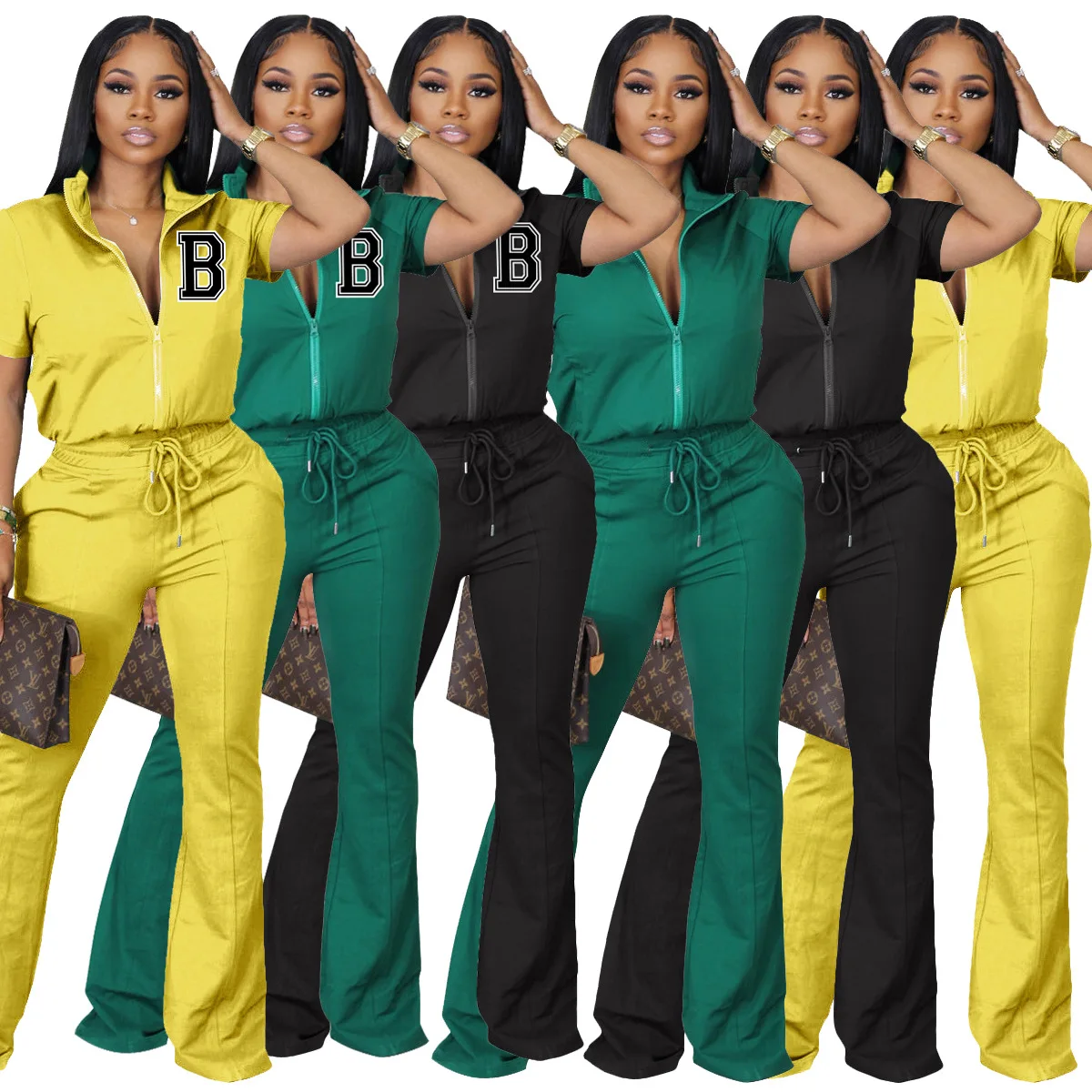 

Women Spring Summer Clothing Solid Color Short Sleeve Shirt And Long Bell Bottoms Pants Suit Female Casual Women 2 Piece Sets