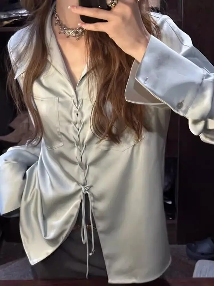 

ADAgirl Satin Long Sleeve Blouse Women Lace Up Shirt Office Ladies Classical Retro Style Autumn Clothes Chic Old Money Aesthetic