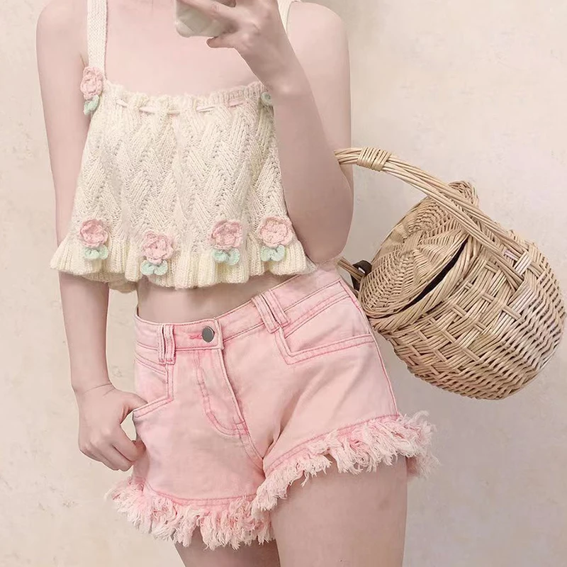 Топ женский вязаный с цветами в Корейском стиле