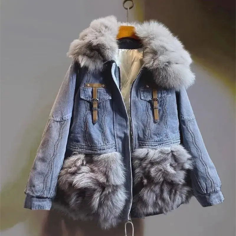 

Женская куртка-пуховик с мехом, зимняя утепленная парка-пуховик с большим воротником из натурального меха лисы, джинсовая куртка для женщин, Y4557