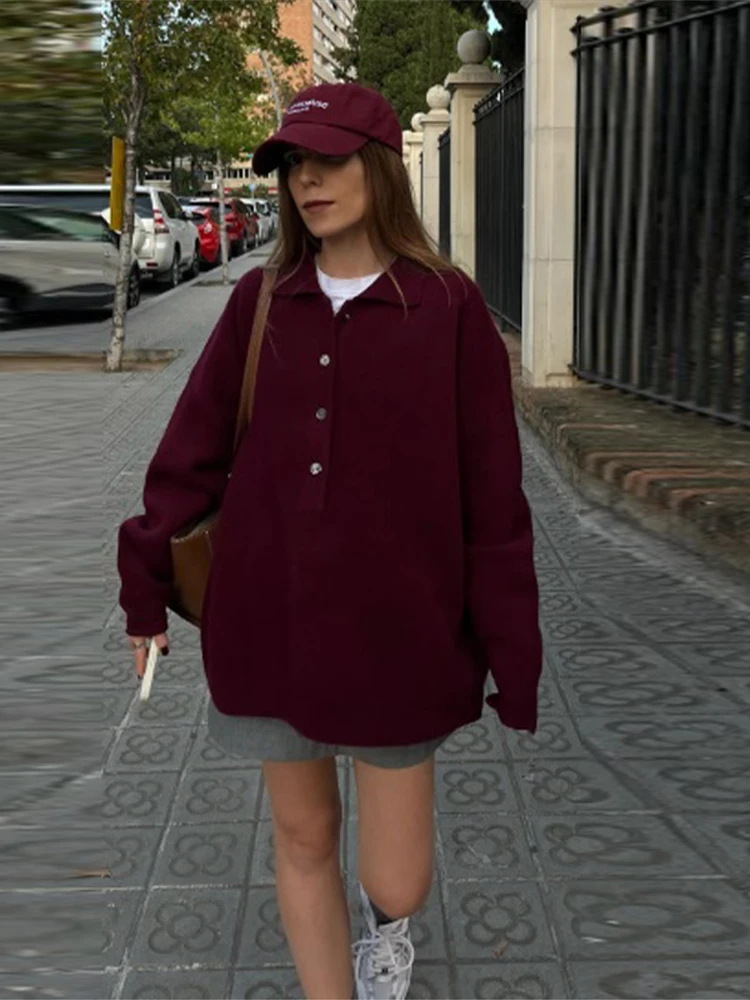 Модный бордовый пуловер с отложным воротником и пуговицами женский шикарный