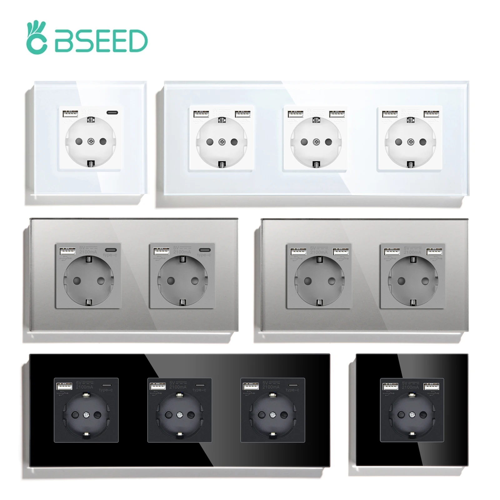 

BSEED Single Wall EU Socket with USB Type-c Interfaces 2.1A Double USB Power Outlets Triple Electric Sockets 16A Glass Panel