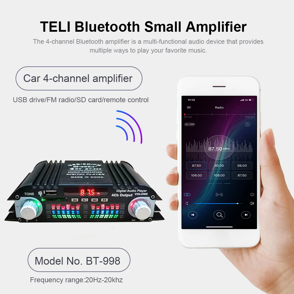 Фото 1600 Вт пиковая мощность Hi-Fi усилитель звука Bluetooth караоке-плеер FM-радио пульт дистанционного управления цифровой 4-канальный стерео аудио усилитель №3