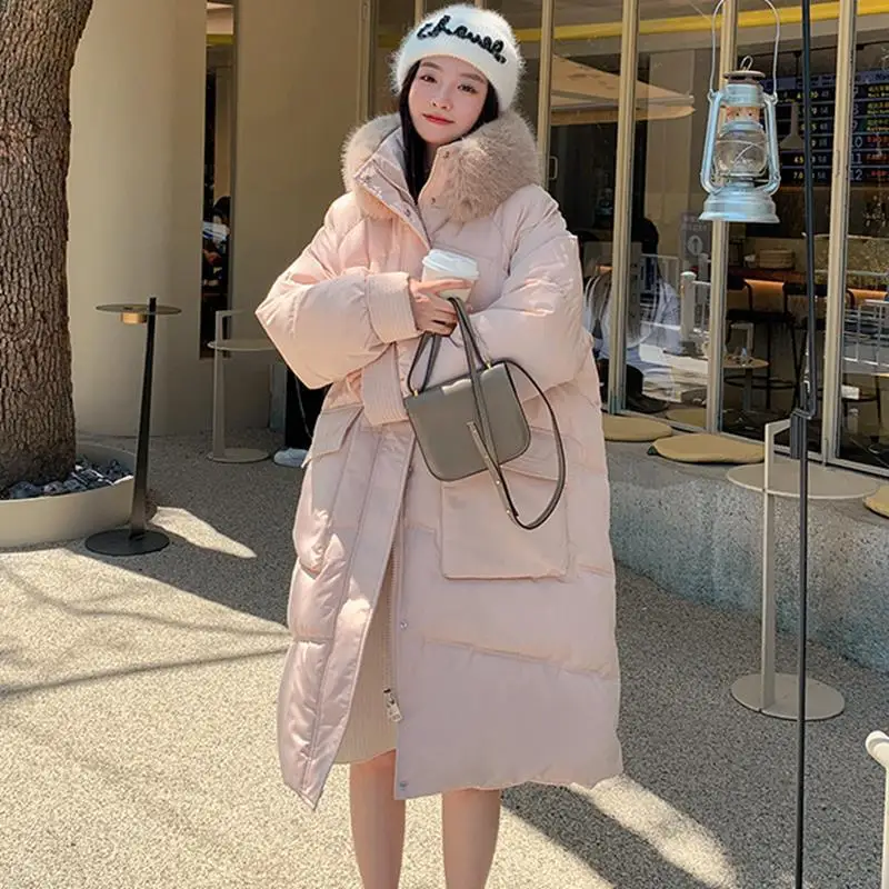 

2022 Winter Women's Fashion Korean Long Hooded Cotton Jacket Female Sweet Casual Loose Solid Color Thickened Bread Coat