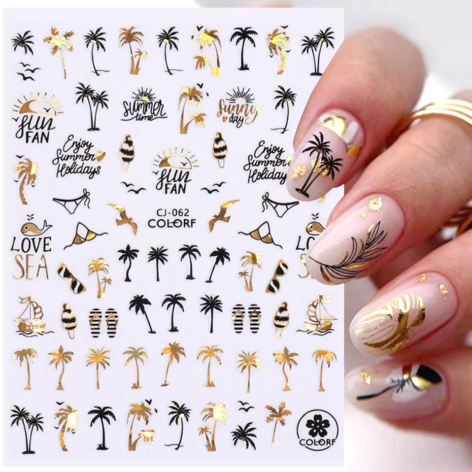 3D Black Gold Coconut Tree Nail Sticker Laser Palm Leaves Flower Sliders For Manicure Summer Beach Ocean Nail Decals Deco