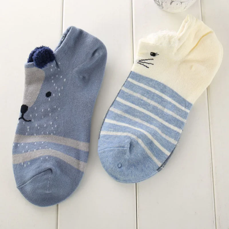 5 Pairs Women Ankle Socks Lovely Funny Cartoon Stereoscopic Animals Ear Plush Boat Sock Comfort Women Cute Girls Art Socks Meias