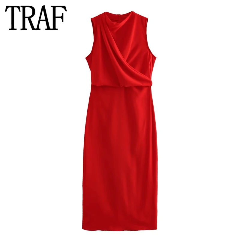 

Красное Длинное Платье-миди с рюшами, без рукавов