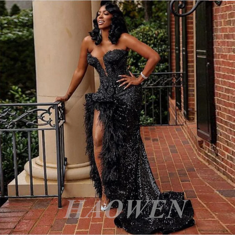 

HAOWEN Black Sexy Sweetheart Sequined Strapless Prom Dresses Feather High Split Mermaid Evening Dress South African Party Dress