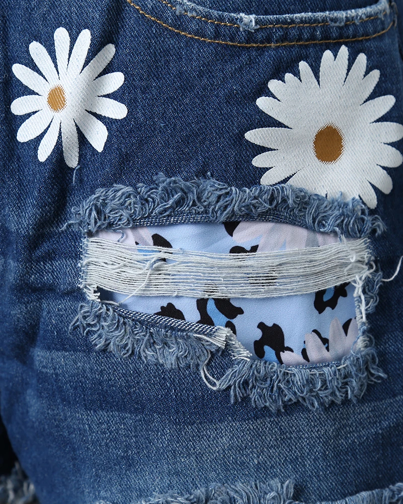 Summer Women Denim Shorts Women High Waist Daisy Print Patchwork Ripped Short Jeans