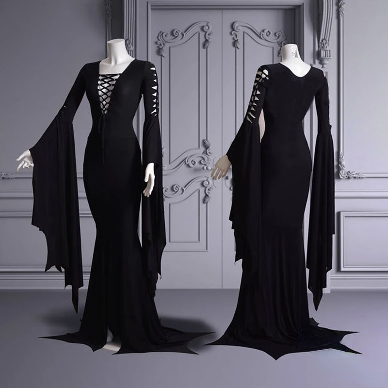 

Женский напольный костюм Morticia adдамс, семейный костюм вампира в стиле панк, готика, ведьма, винтажное сексуальное платье на шнуровке, Хэллоуин, косплей