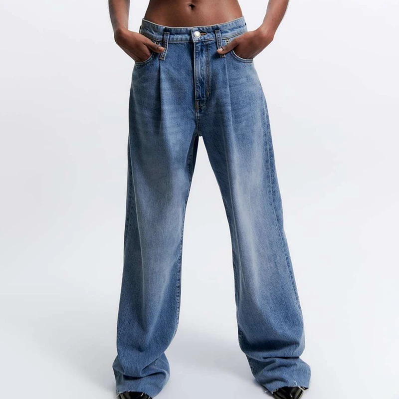 

2022 Spring Summer Women Fashion Pleated Embellished Jeans Casual Loose High Waist Female Wide Leg Trousers LY524