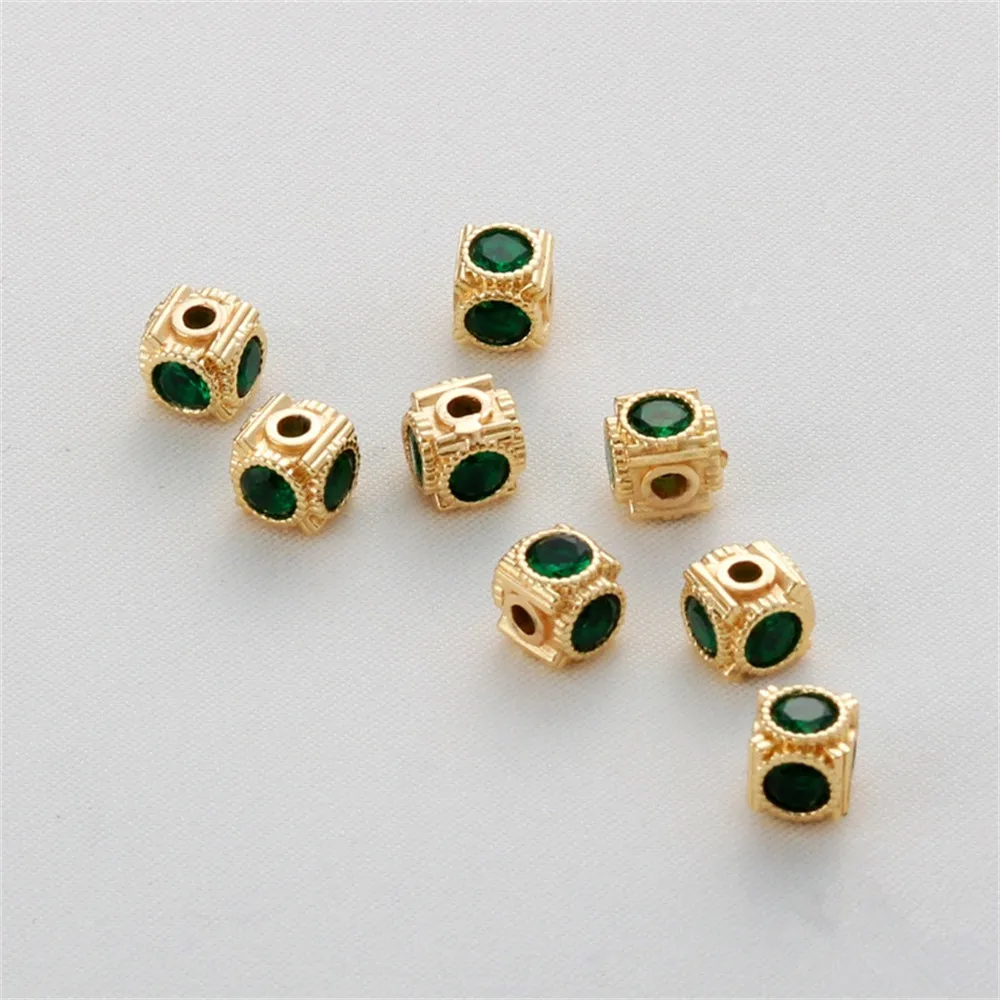

14K gold with green zircon 6mm square body through hole spacer beads diy string jewelry bracelet necklace jewelry accessories