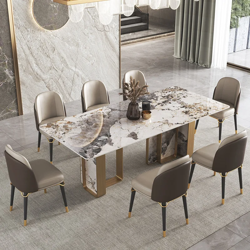 

Итальянский дизайн, прямоугольный мраморный стол с золотой основой из нержавеющей стали в форме с, роскошный обеденный стол и стулья