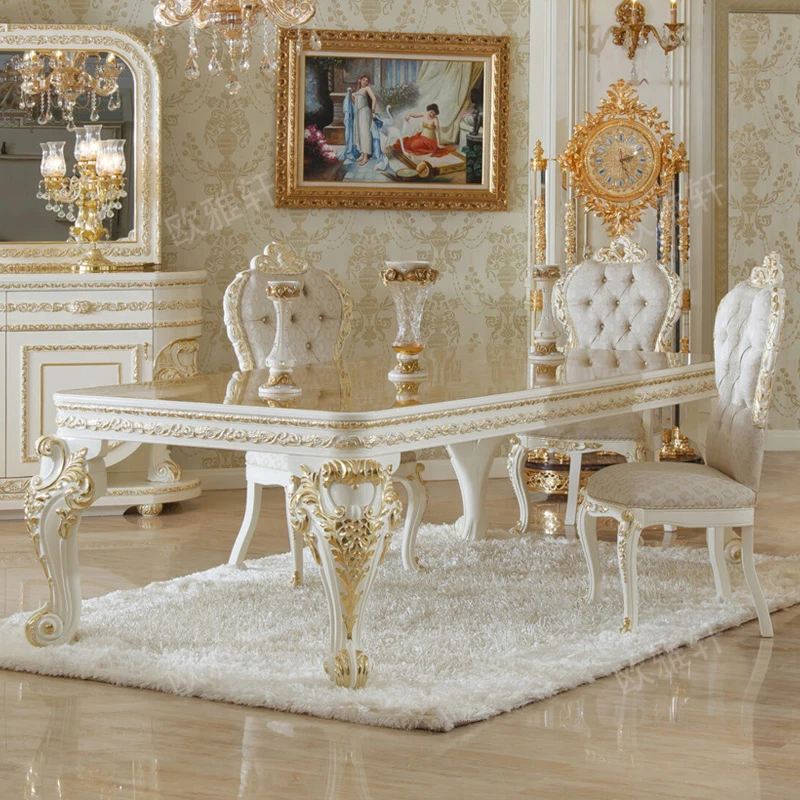 

Изготовленный На Заказ резной обеденный стол и стул из твердой древесины комбинированный Европейский Белый окрашенный обеденный стол кожаный обеденный стул