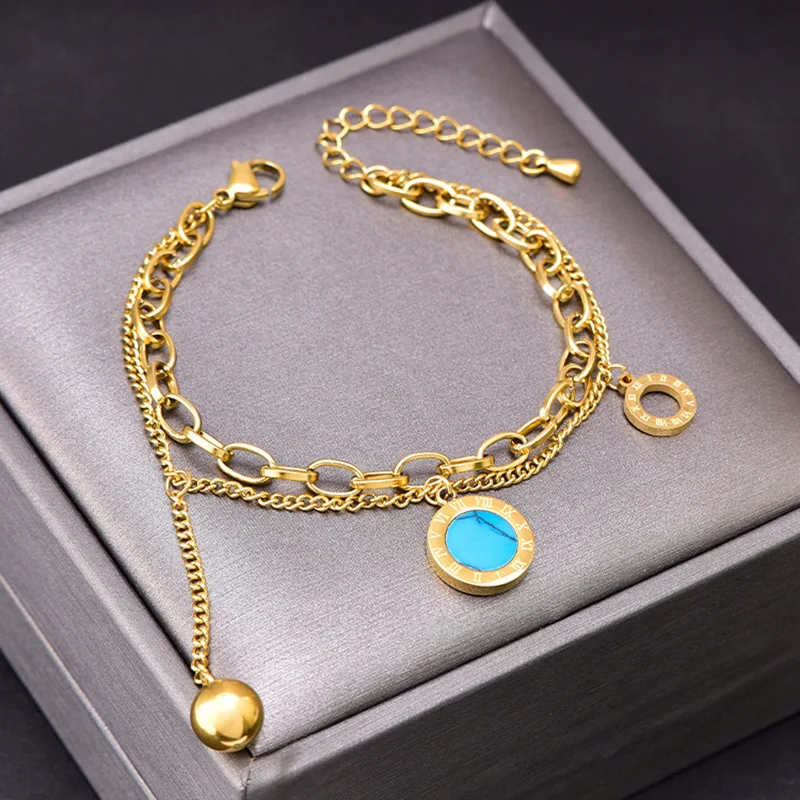 

Classic Fashion Stainless Steel Turquoise Pendant Bracelet for Women Exquisite Lucky Bangles Luxury Jewelry Accessories
